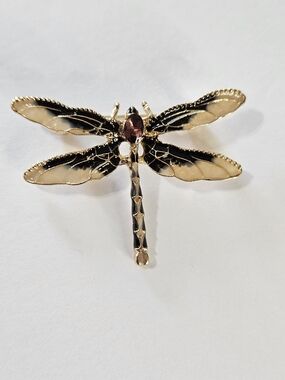 NEW Art Nouveau Dragonfly Brooch - Black & Cream Enamel 2" Pin - 8.5g Weight